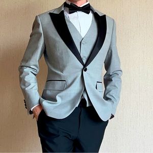 Party Tuxedo Jacket & Vest (35S) Heather Grey with Black Silk Peak Lapel